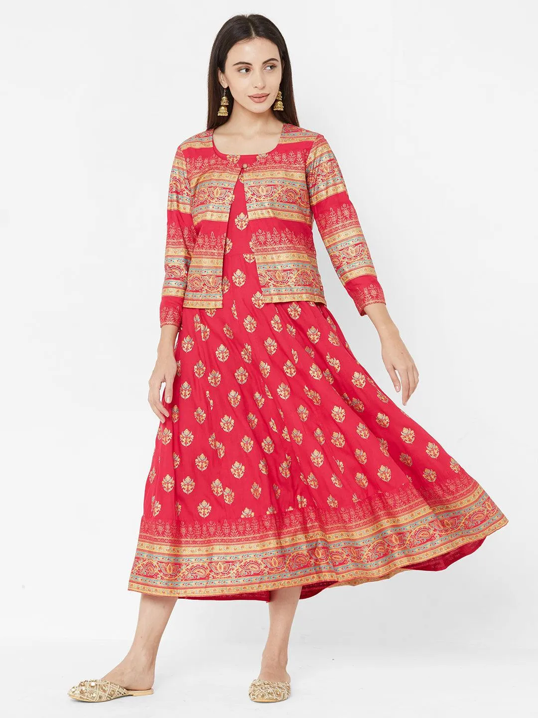 Ethnic Foil Printed Dress with Heavy Foil Printed Jacket – Pink