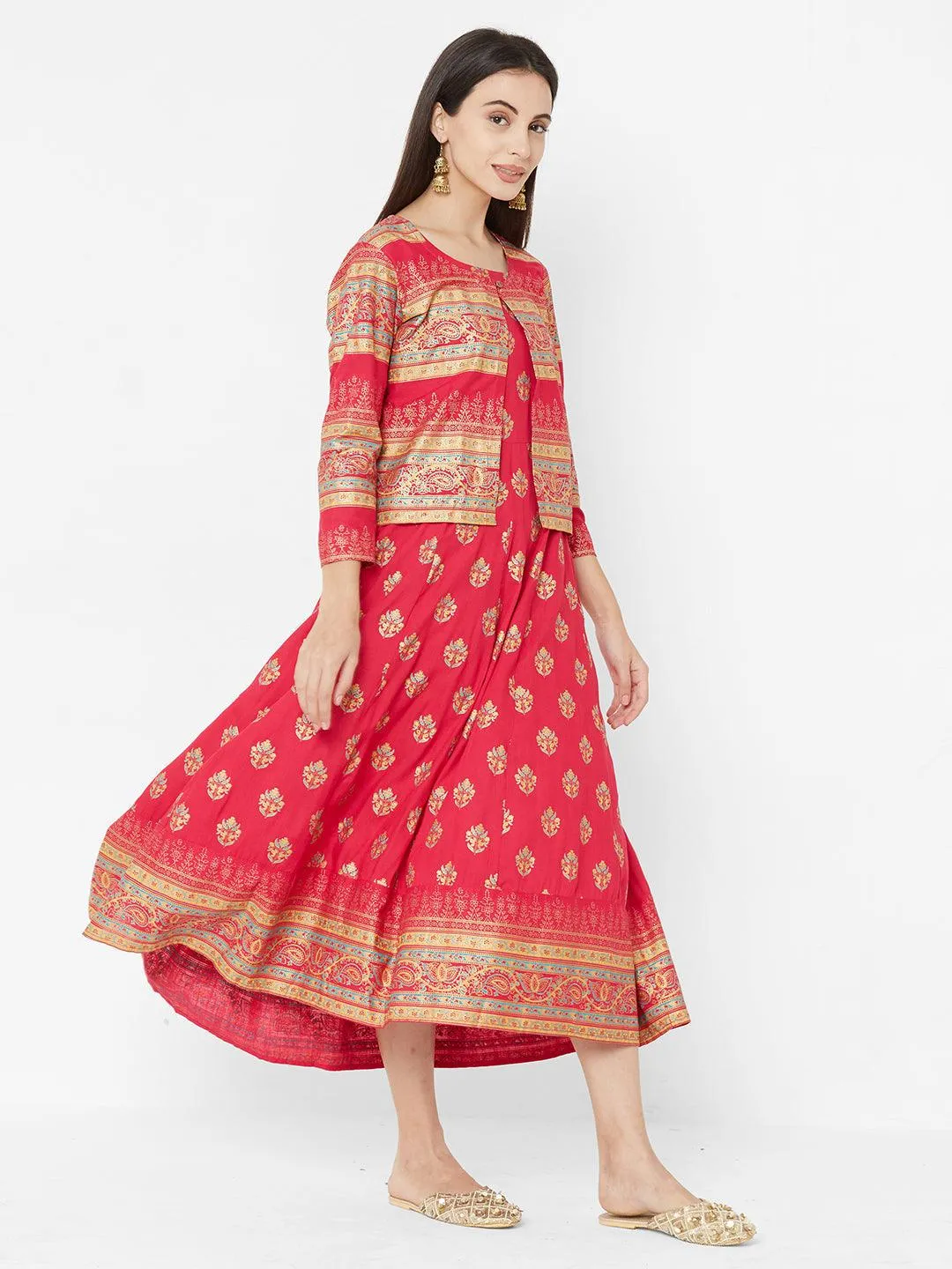 Ethnic Foil Printed Dress with Heavy Foil Printed Jacket – Pink