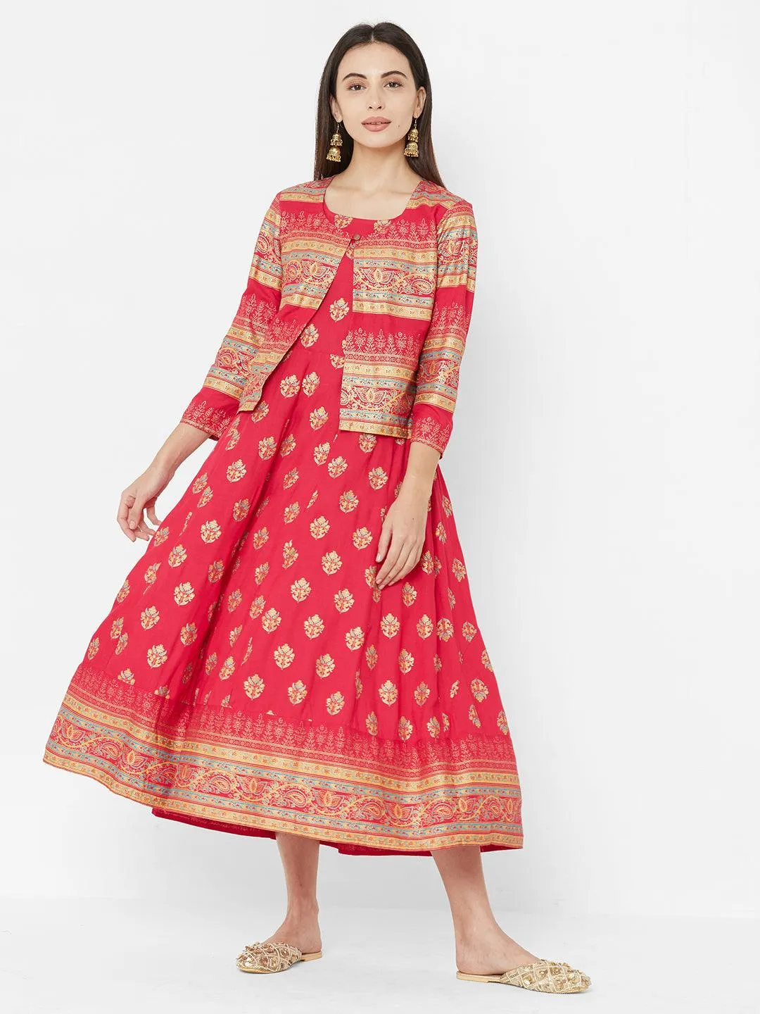 Ethnic Foil Printed Dress with Heavy Foil Printed Jacket – Pink