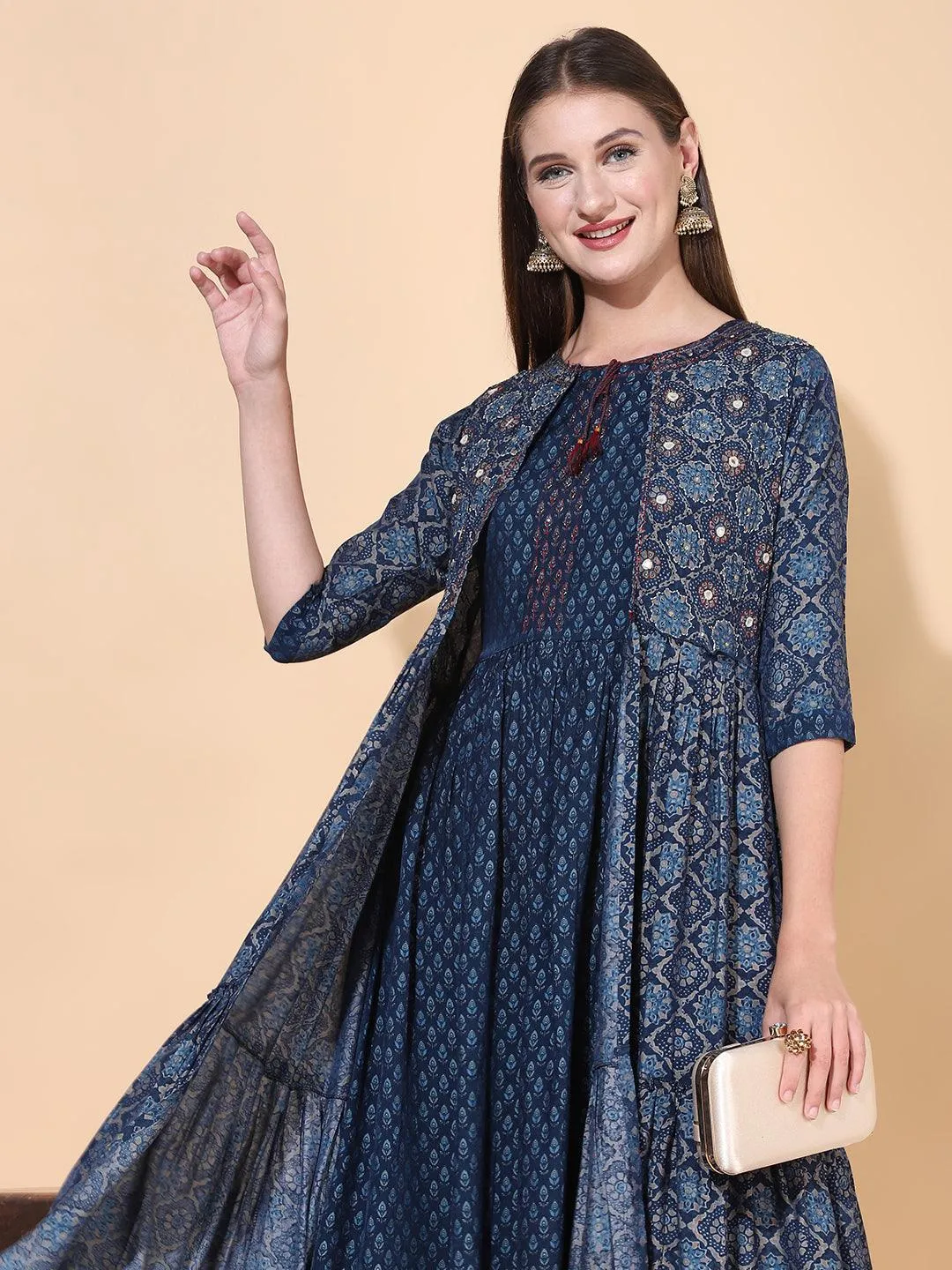 Ethnic Printed A-Line Flared Dress with Hand Embroidered Jacket - Dark Blue