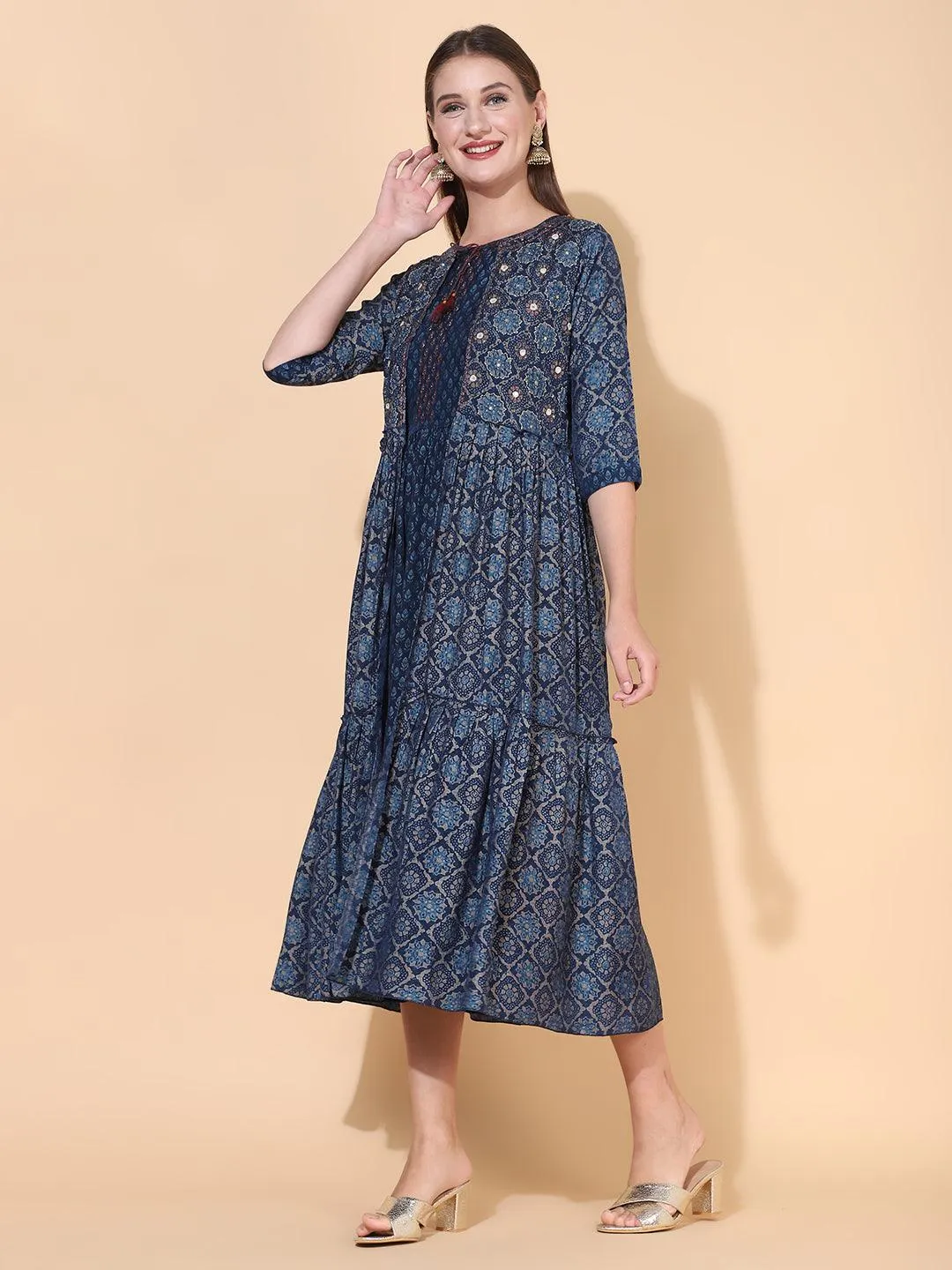 Ethnic Printed A-Line Flared Dress with Hand Embroidered Jacket - Dark Blue