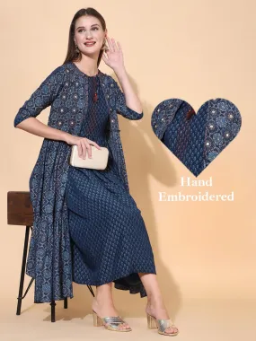 Ethnic Printed A-Line Flared Dress with Hand Embroidered Jacket - Dark Blue