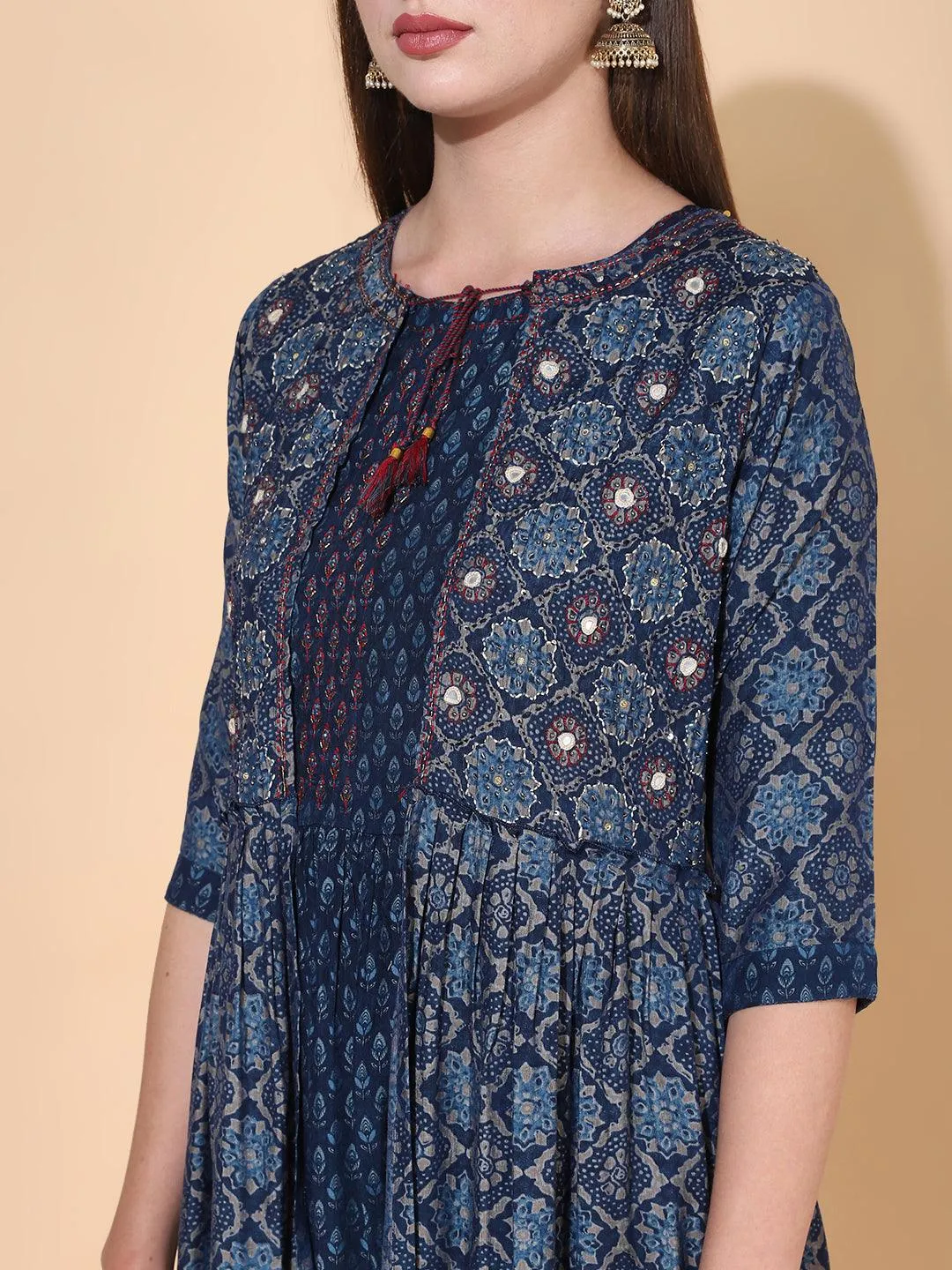 Ethnic Printed A-Line Flared Dress with Hand Embroidered Jacket - Dark Blue