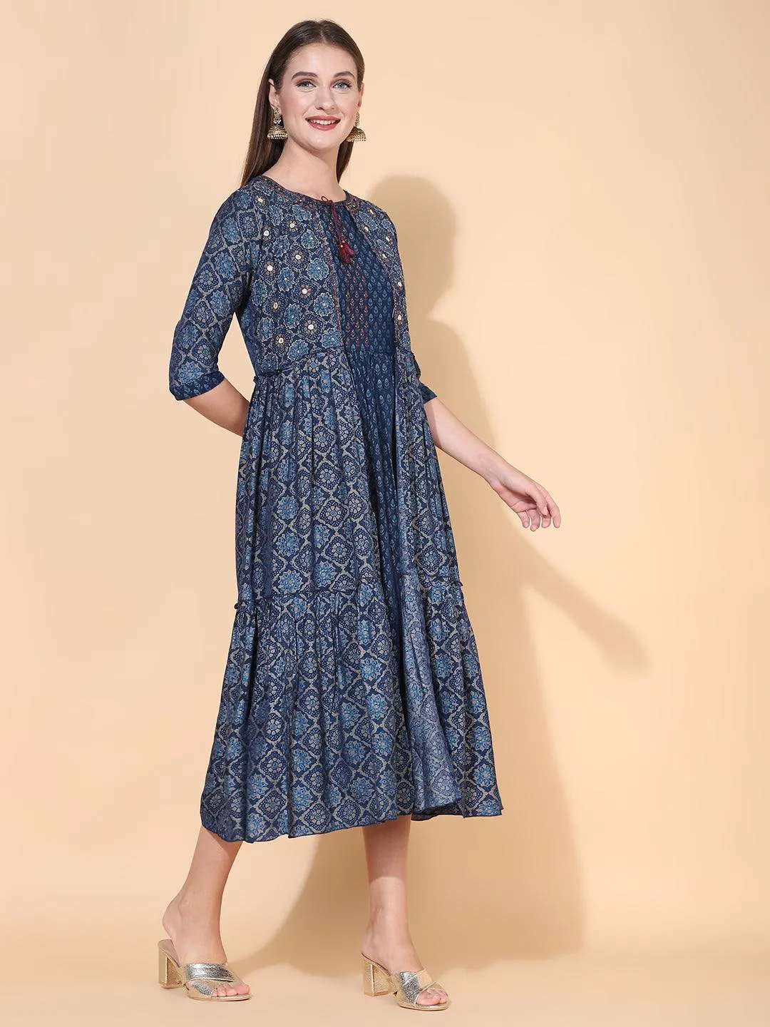 Ethnic Printed A-Line Flared Dress with Hand Embroidered Jacket - Dark Blue