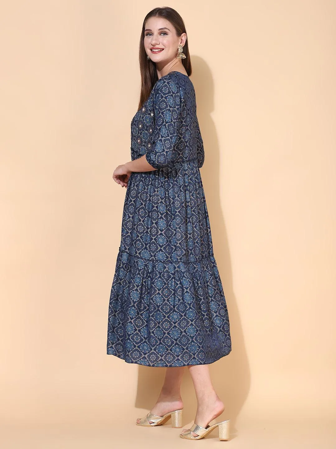 Ethnic Printed A-Line Flared Dress with Hand Embroidered Jacket - Dark Blue