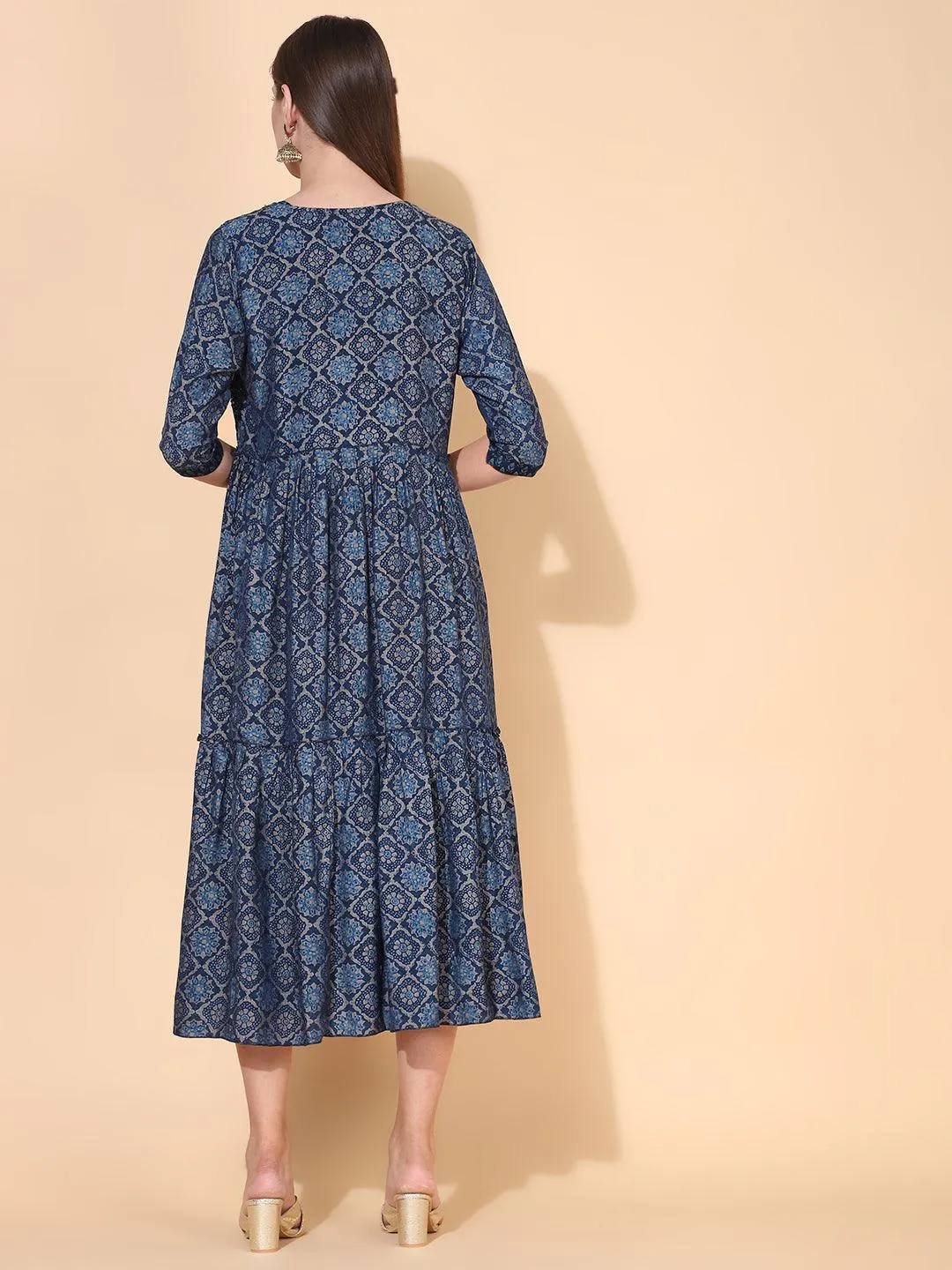 Ethnic Printed A-Line Flared Dress with Hand Embroidered Jacket - Dark Blue