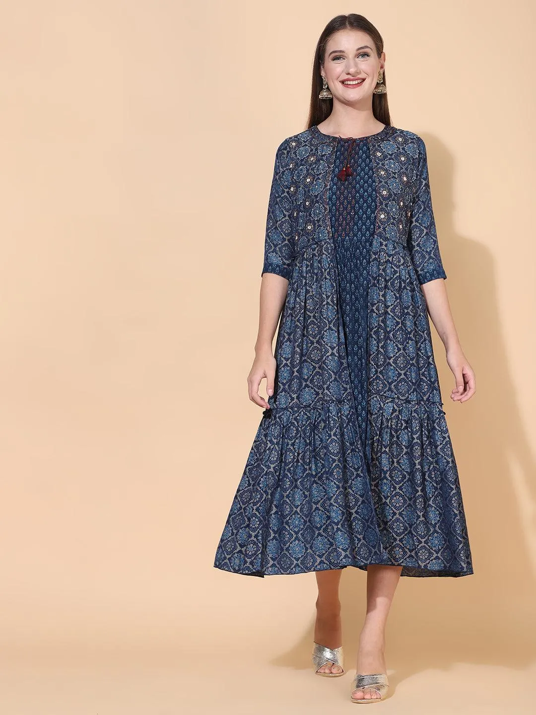 Ethnic Printed A-Line Flared Dress with Hand Embroidered Jacket - Dark Blue