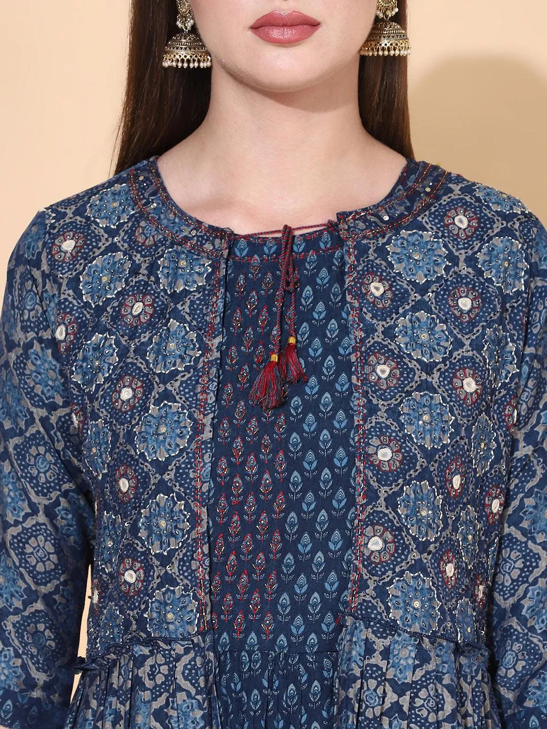 Ethnic Printed A-Line Flared Dress with Hand Embroidered Jacket - Dark Blue