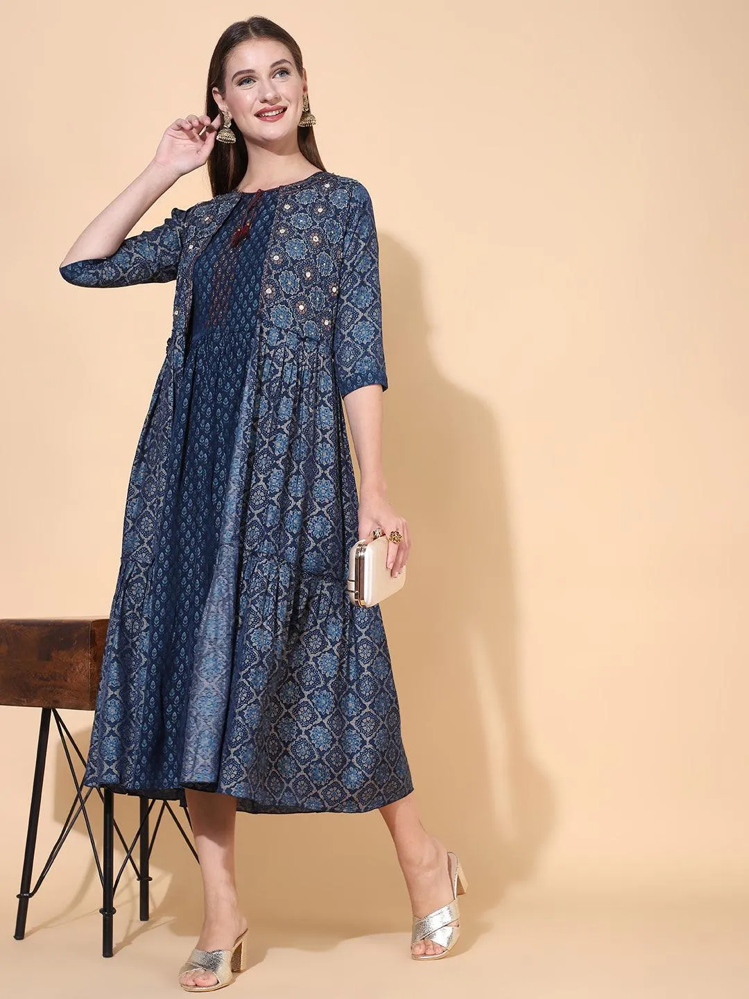 Ethnic Printed A-Line Flared Dress with Hand Embroidered Jacket - Dark Blue