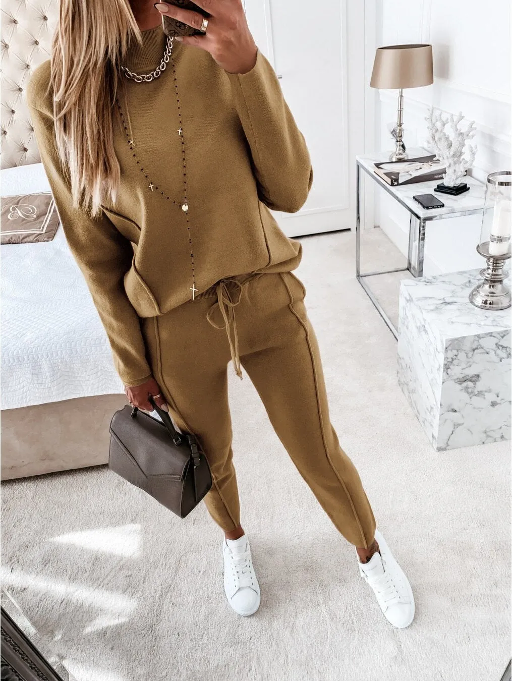 Fashionkova  Casual Two-Piece Set Sportswear High Collar Long Sleeve Women's 2 Piece Sweater Set Autumn Winter Sweater Pocket Pants