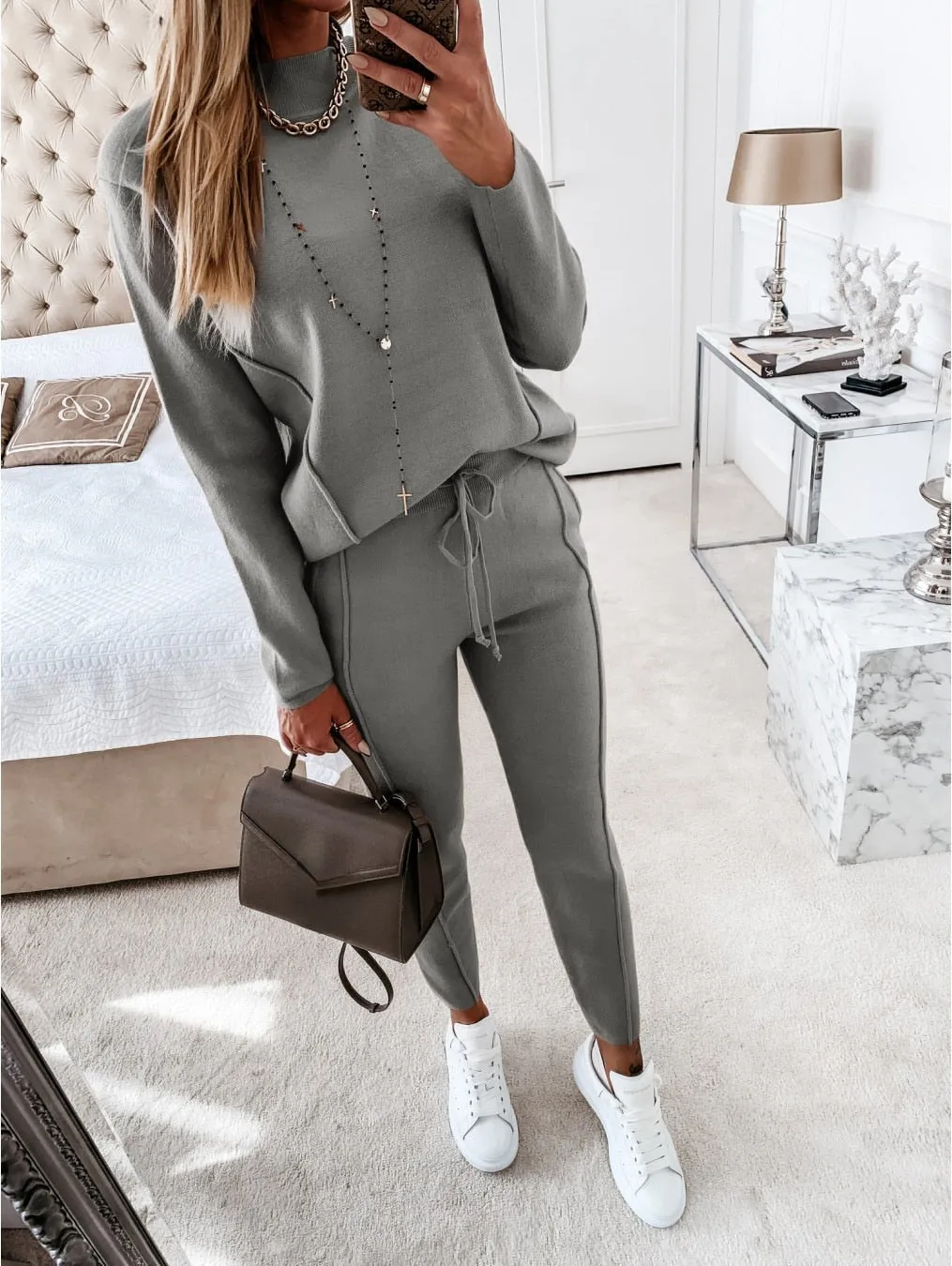 Fashionkova  Casual Two-Piece Set Sportswear High Collar Long Sleeve Women's 2 Piece Sweater Set Autumn Winter Sweater Pocket Pants