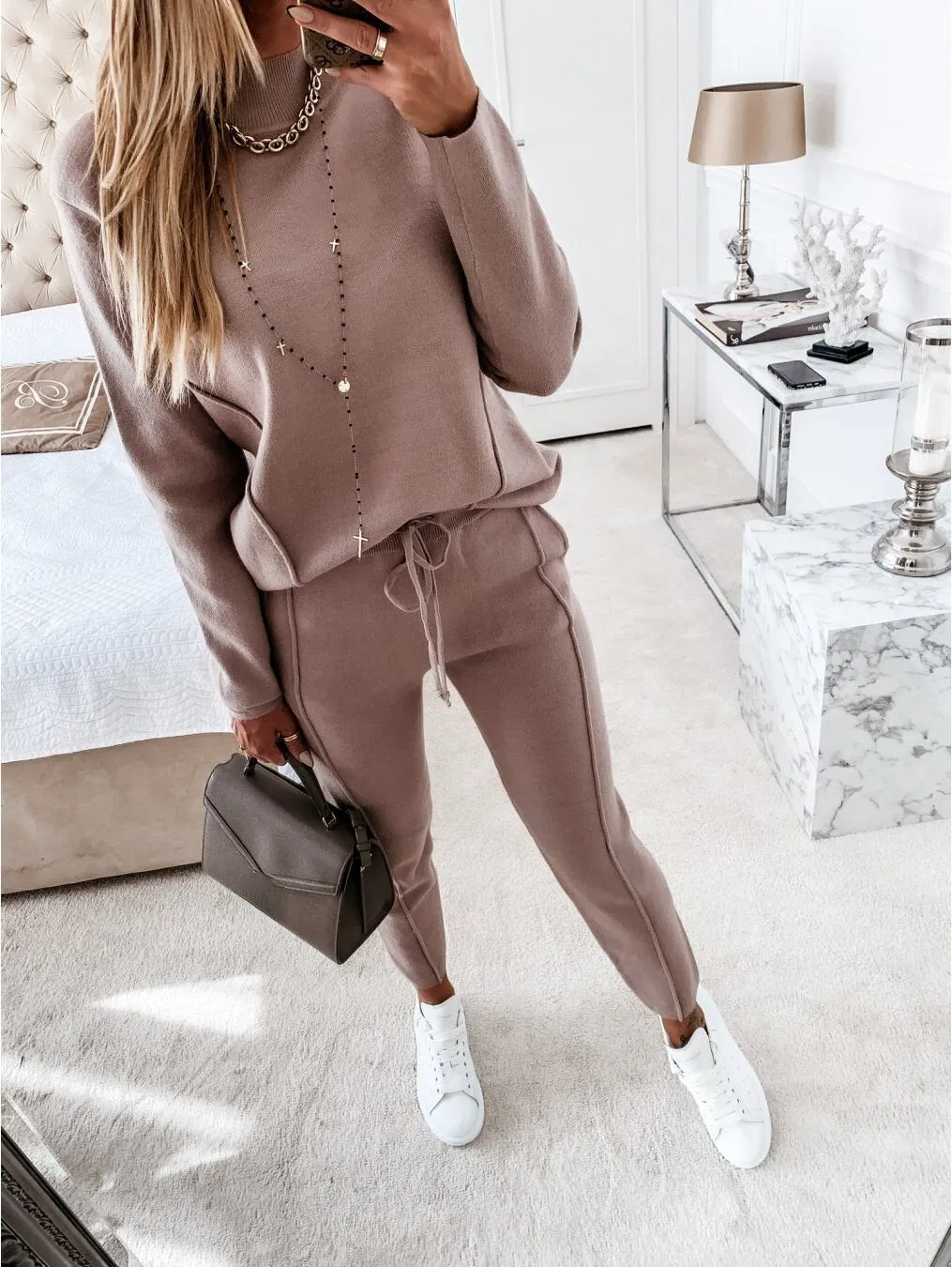 Fashionkova  Casual Two-Piece Set Sportswear High Collar Long Sleeve Women's 2 Piece Sweater Set Autumn Winter Sweater Pocket Pants