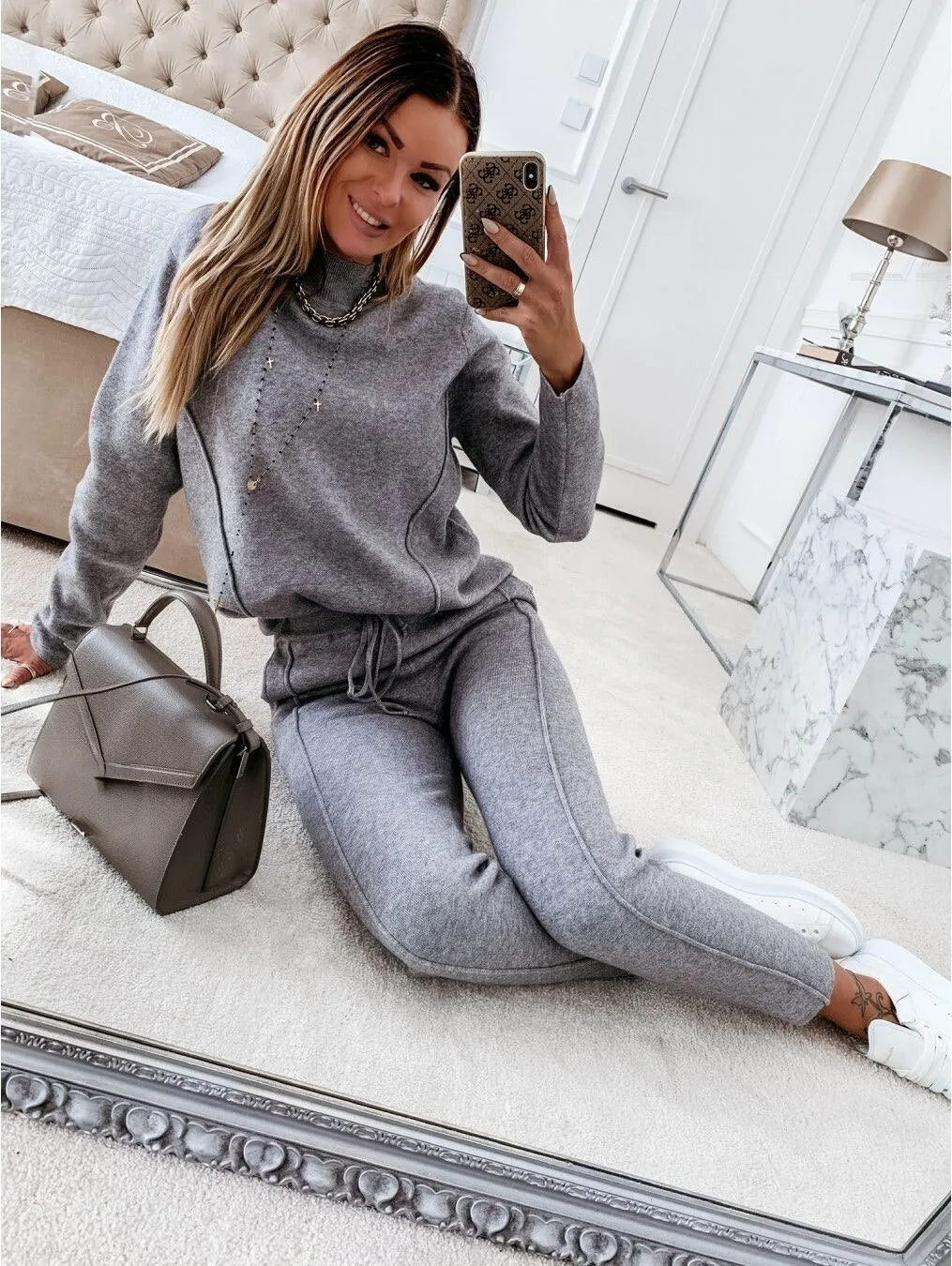 Fashionkova  Casual Two-Piece Set Sportswear High Collar Long Sleeve Women's 2 Piece Sweater Set Autumn Winter Sweater Pocket Pants