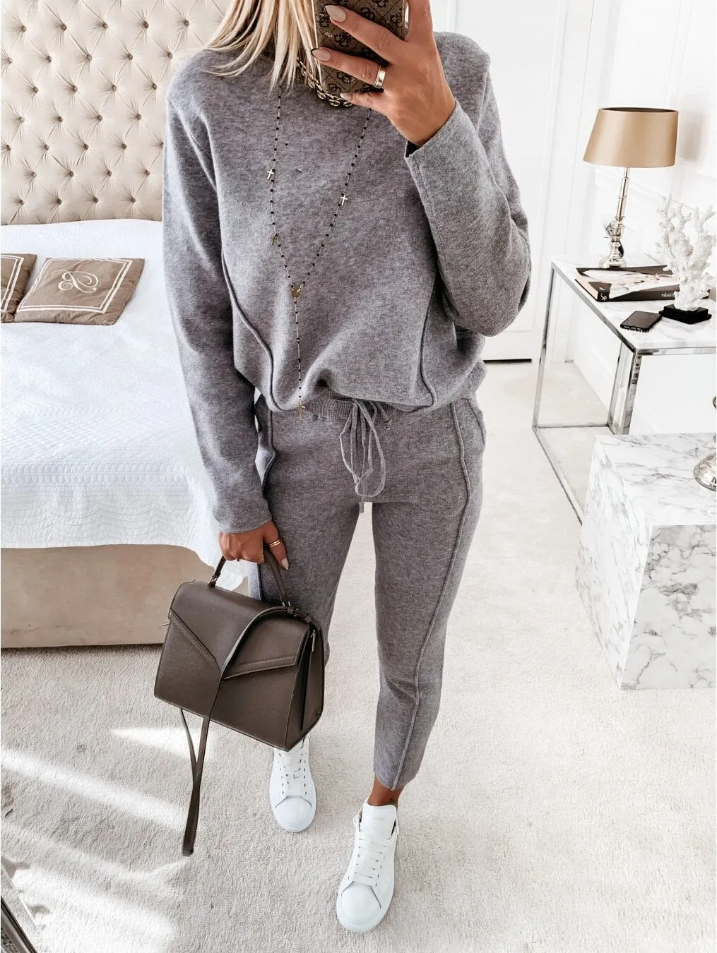 Fashionkova  Casual Two-Piece Set Sportswear High Collar Long Sleeve Women's 2 Piece Sweater Set Autumn Winter Sweater Pocket Pants