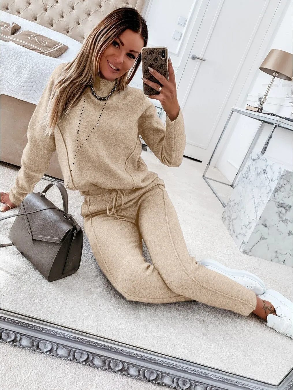 Fashionkova  Casual Two-Piece Set Sportswear High Collar Long Sleeve Women's 2 Piece Sweater Set Autumn Winter Sweater Pocket Pants