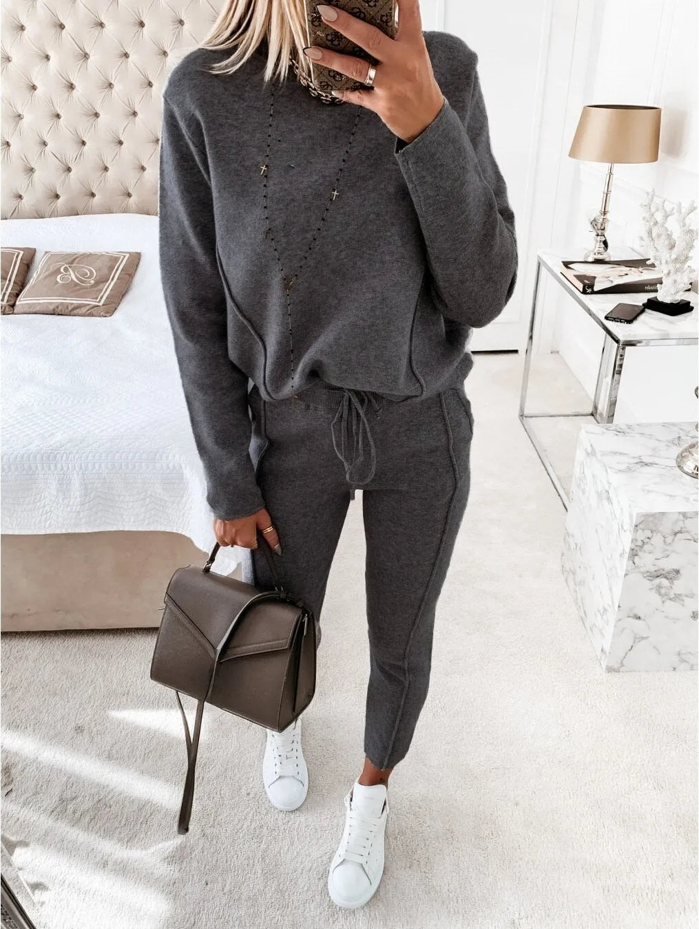 Fashionkova  Casual Two-Piece Set Sportswear High Collar Long Sleeve Women's 2 Piece Sweater Set Autumn Winter Sweater Pocket Pants