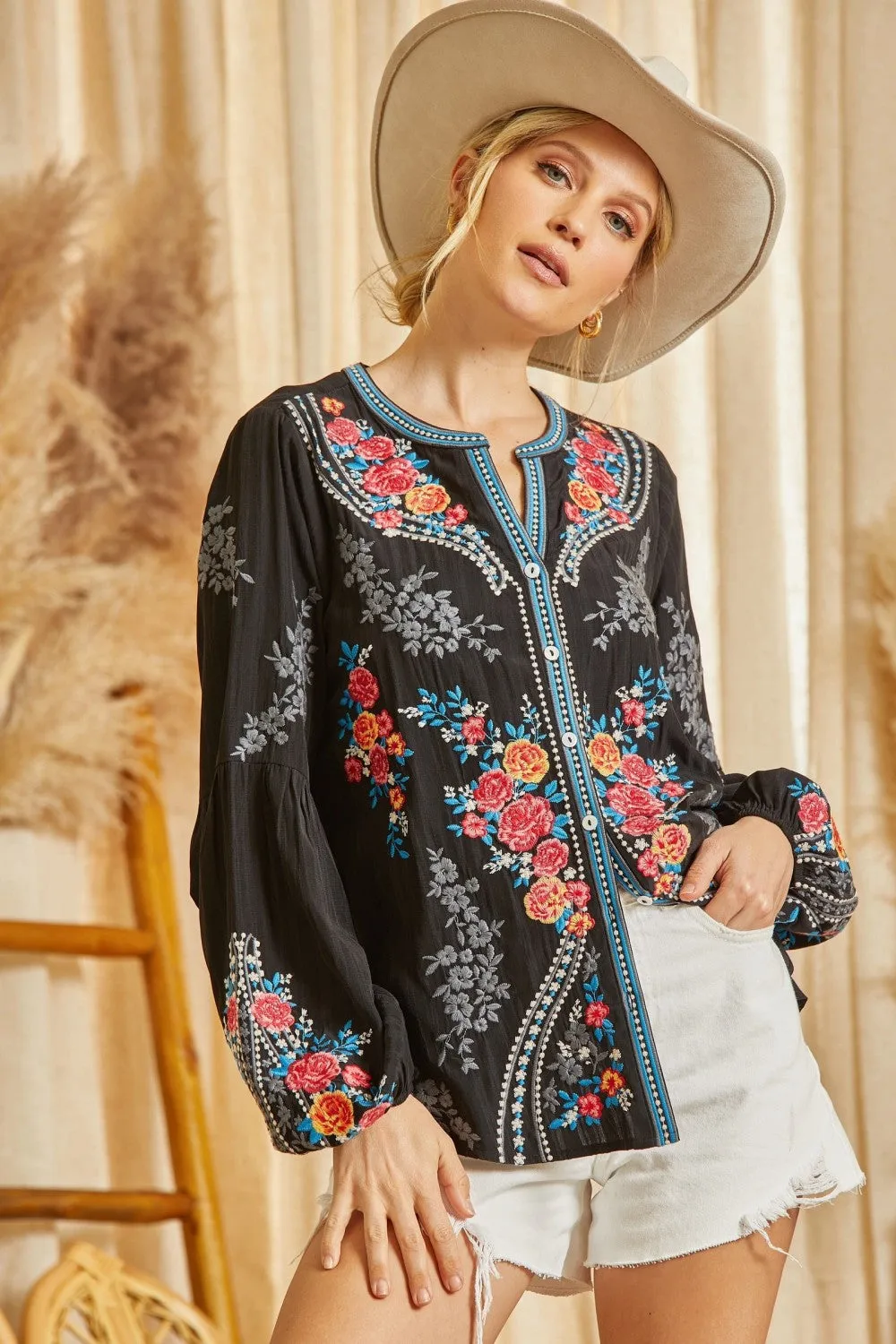 Floral Embroidered Button Down Top, Black