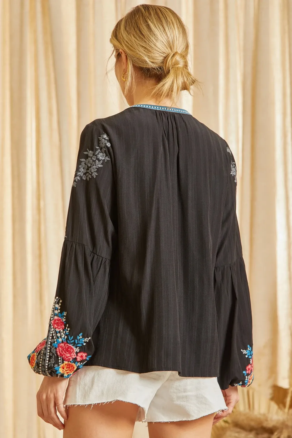 Floral Embroidered Button Down Top, Black