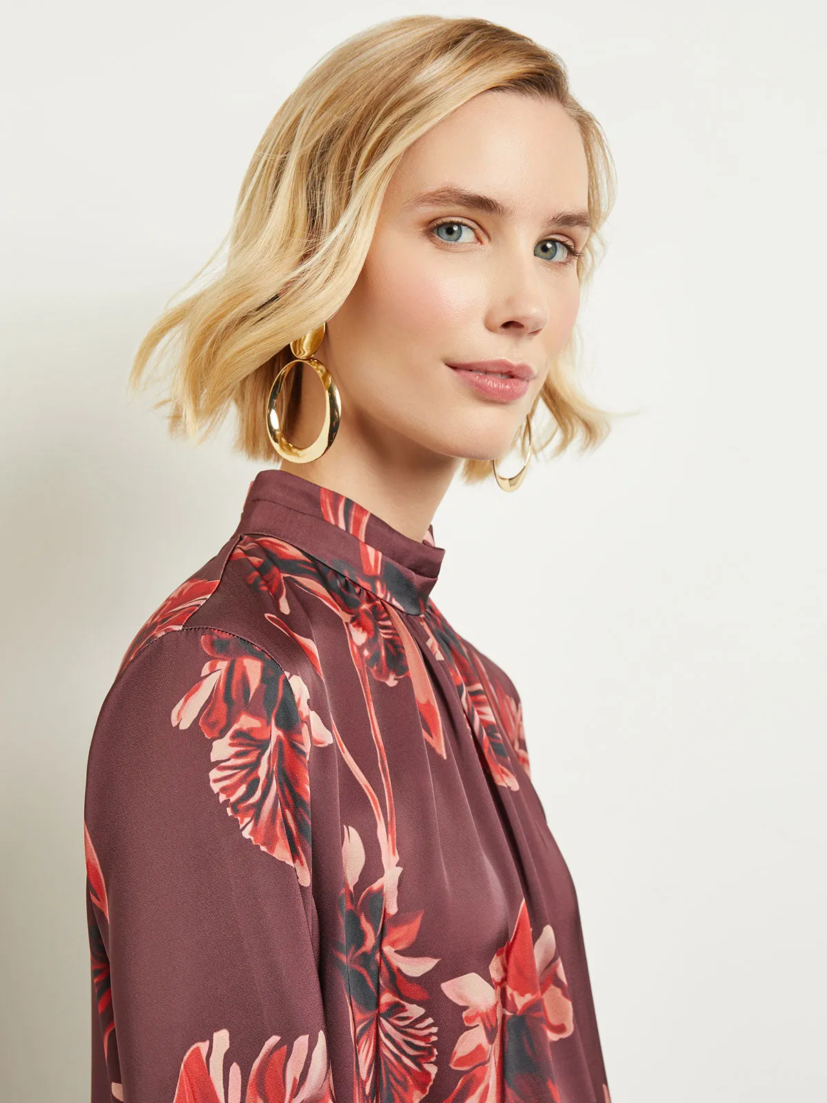 Floral Gathered Mock Neck Crepe de Chine Blouse