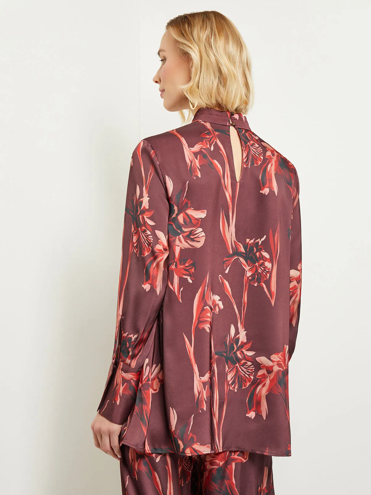 Floral Gathered Mock Neck Crepe de Chine Blouse