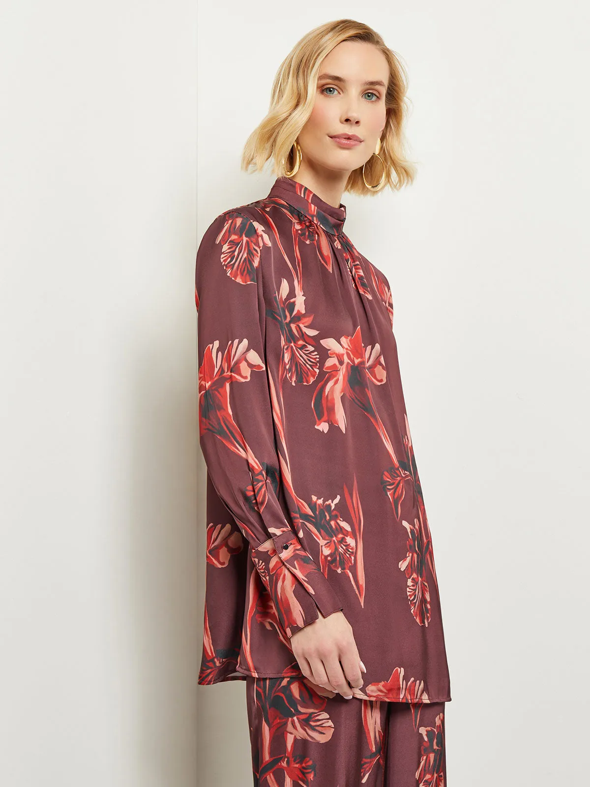 Floral Gathered Mock Neck Crepe de Chine Blouse