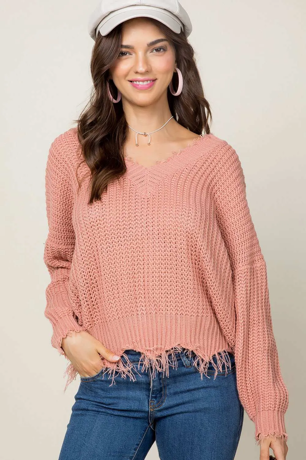 Frayed V-Neck Sweater, Terra Cotta