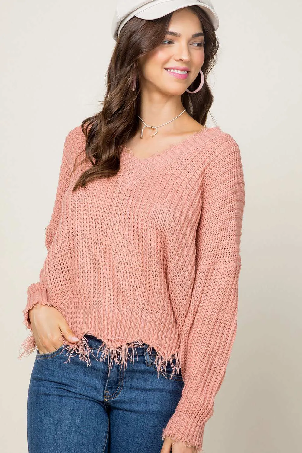 Frayed V-Neck Sweater, Terra Cotta