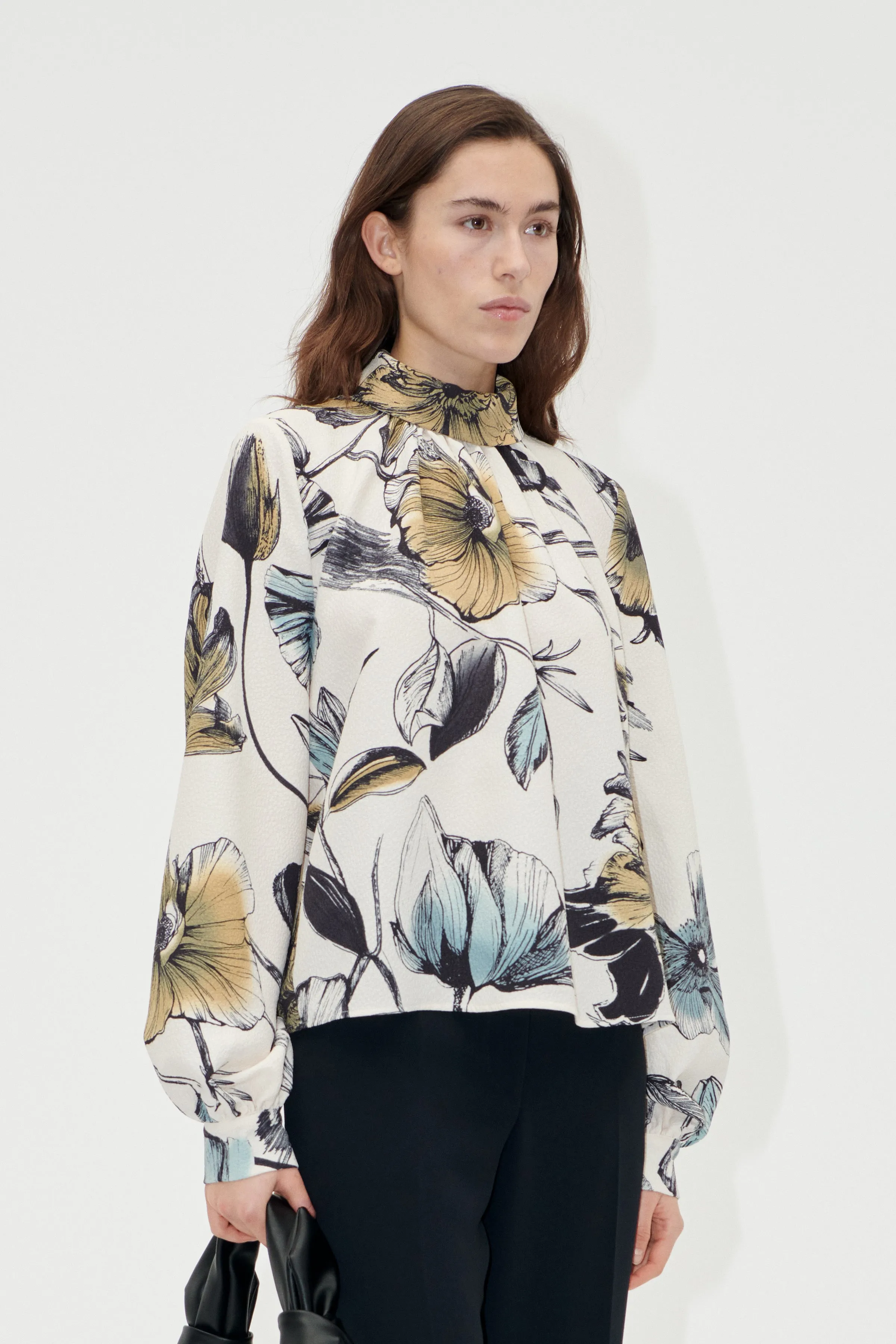 Gathered Long Sleeve Top - Fine Line Poppies