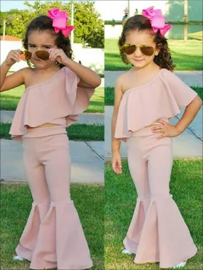 Girls Pink One Shoulder Ruffled Top And Bell Bottom Pants Set