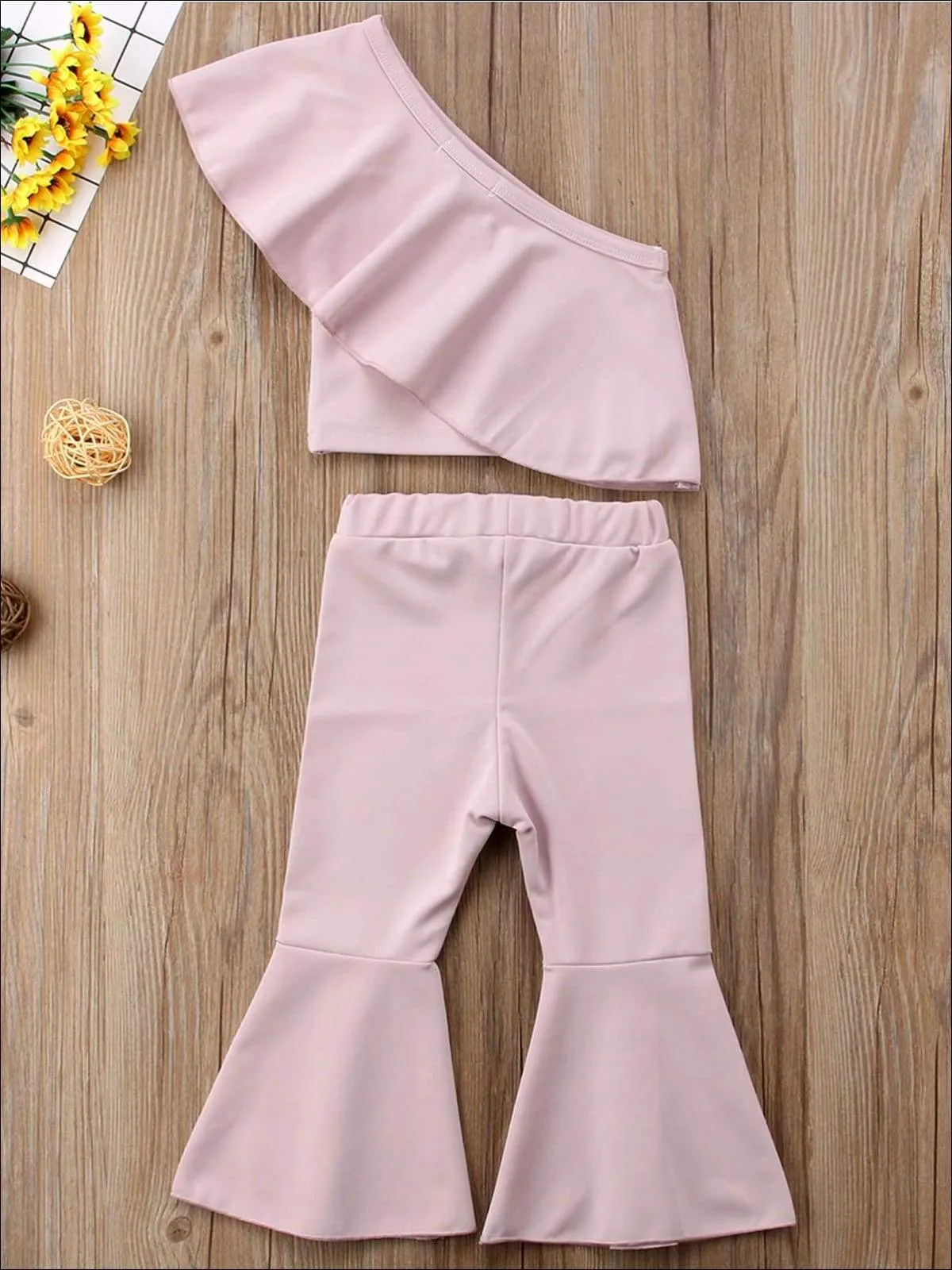 Girls Pink One Shoulder Ruffled Top And Bell Bottom Pants Set