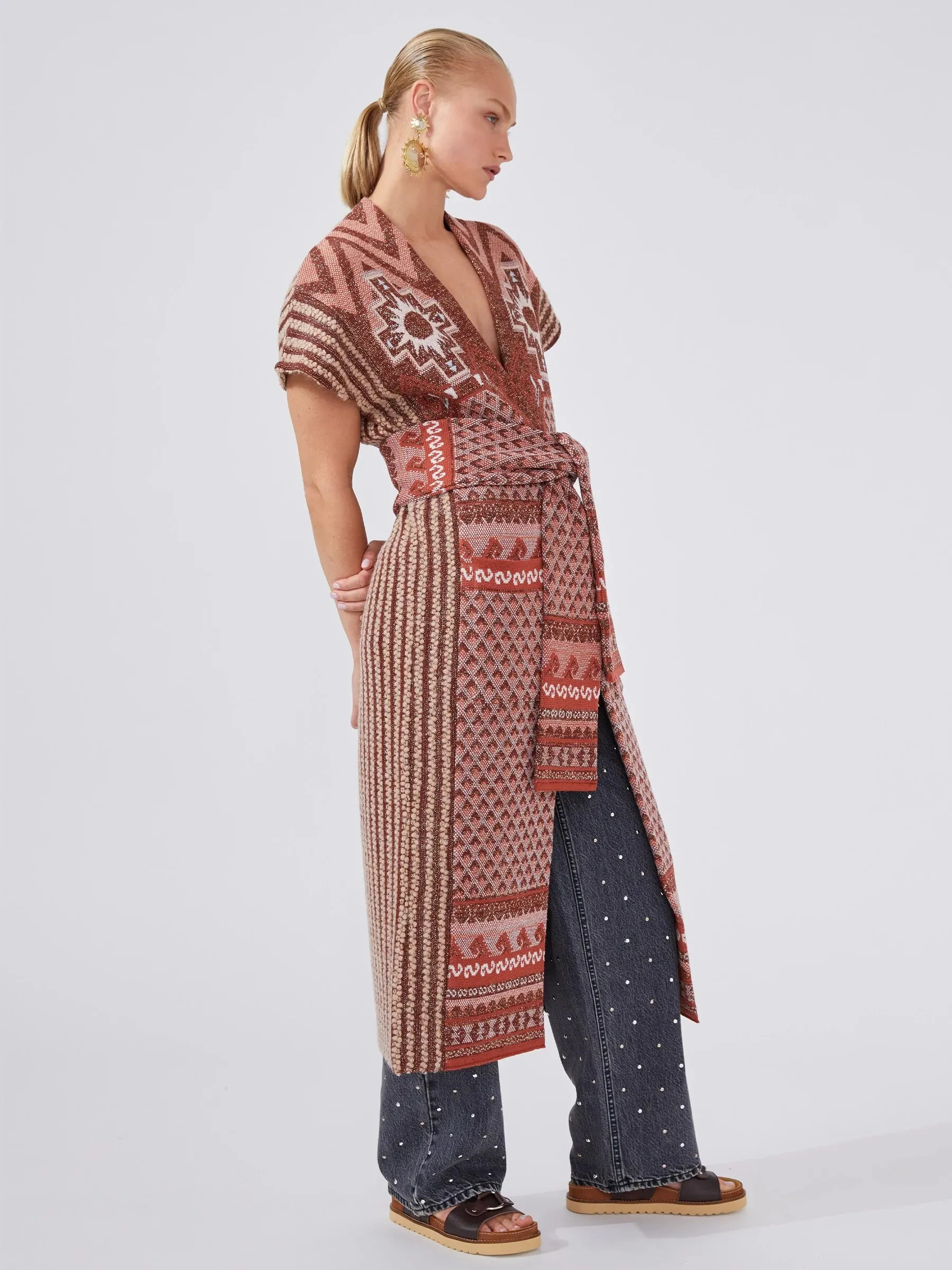 Hayley Menzies Sahara Merino Jacquard Long Gilet Terracotta