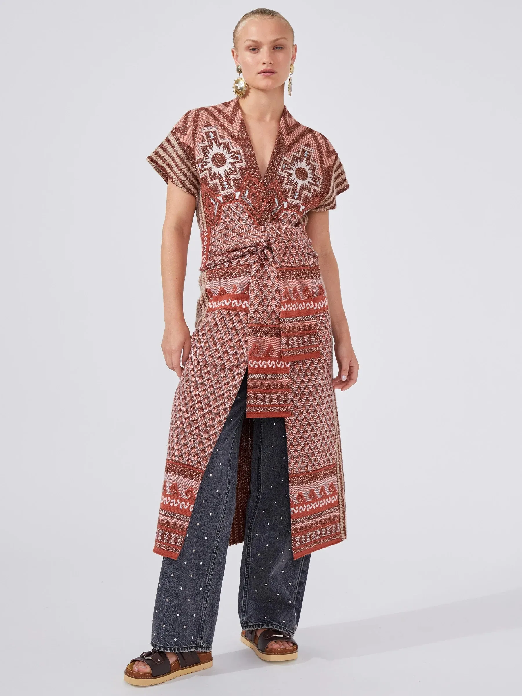 Hayley Menzies Sahara Merino Jacquard Long Gilet Terracotta