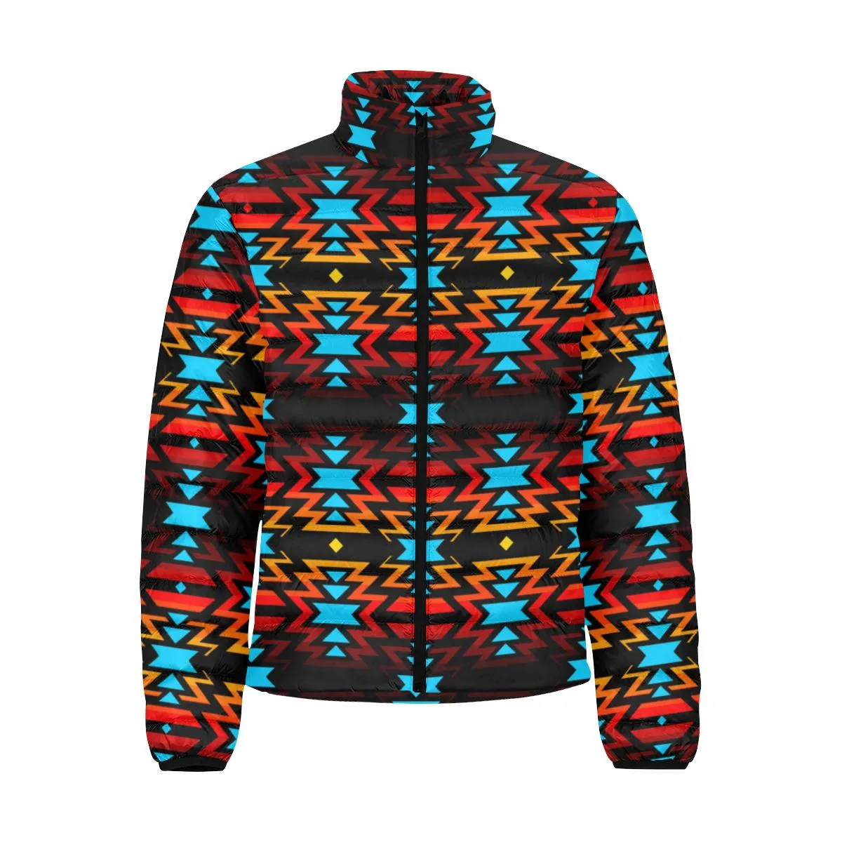 Hoodie Front Black Fire and Turquoise Men's Stand Collar Padded Jacket