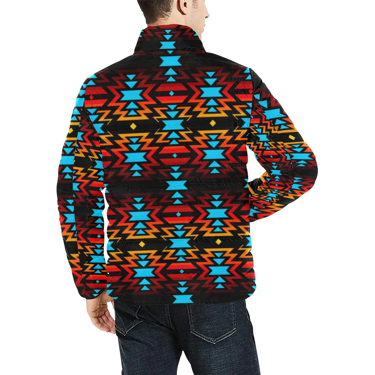 Hoodie Front Black Fire and Turquoise Men's Stand Collar Padded Jacket