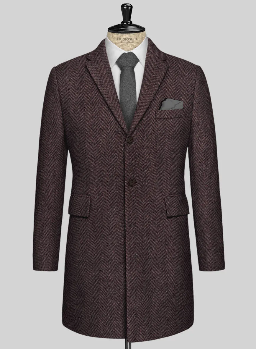 Italian Highlander Dark Wine Herringbone Tweed Overcoat