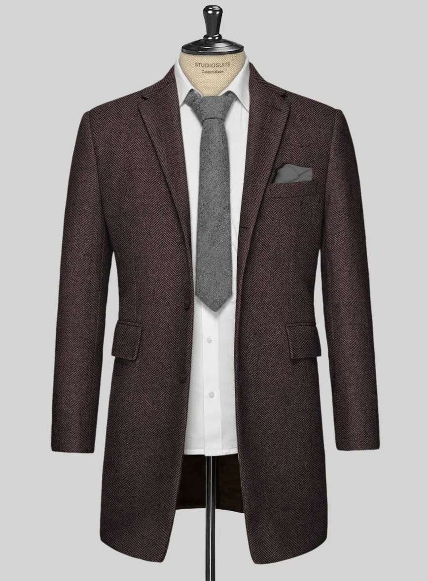 Italian Highlander Dark Wine Herringbone Tweed Overcoat