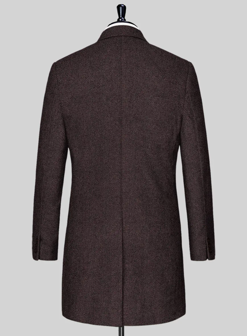 Italian Highlander Dark Wine Herringbone Tweed Overcoat