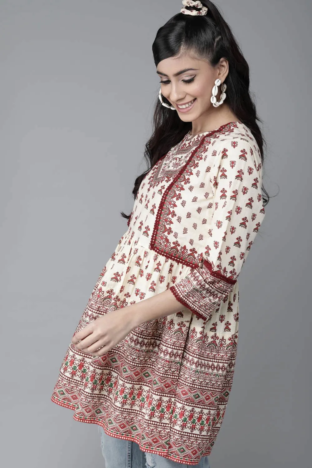 Jashvi Cream cambric floral printed tunic