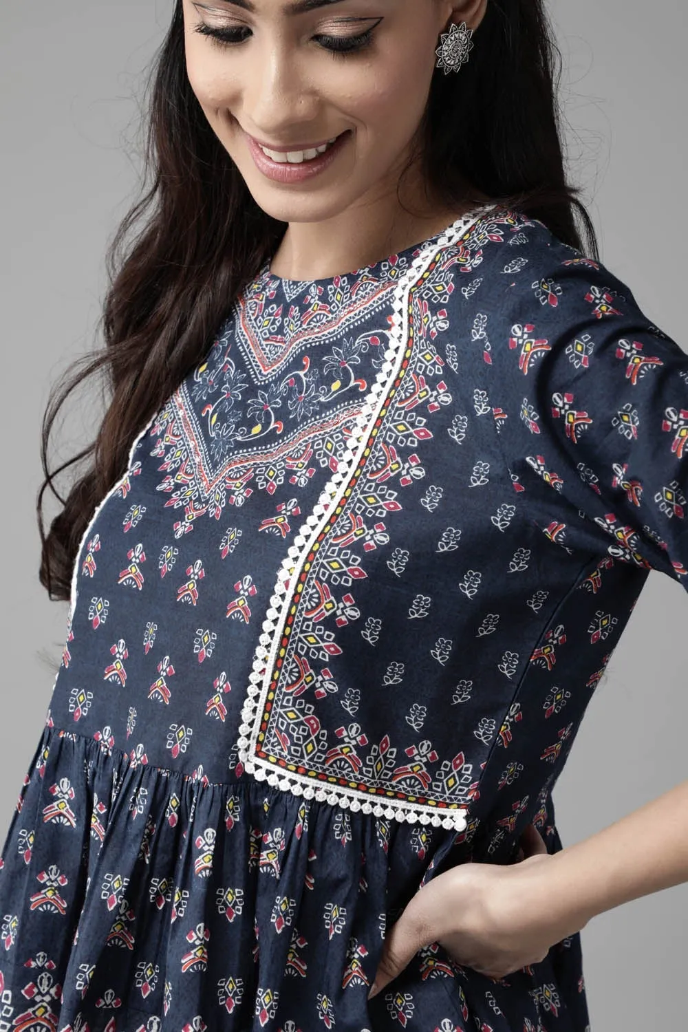 Jashvi Indigo cambric floral printed tunic