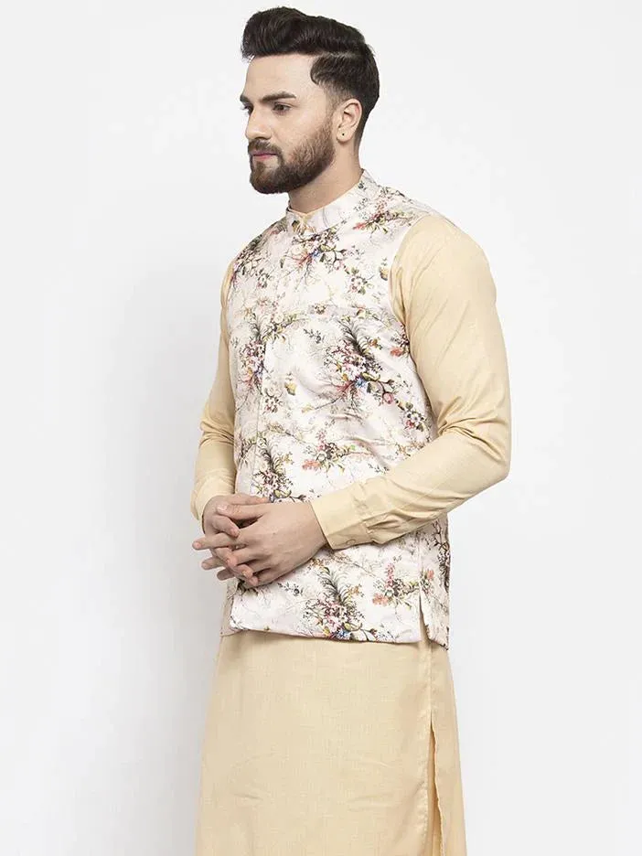 Men Cream Printed Satin Nehru Jacket