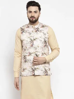 Men Cream Printed Satin Nehru Jacket