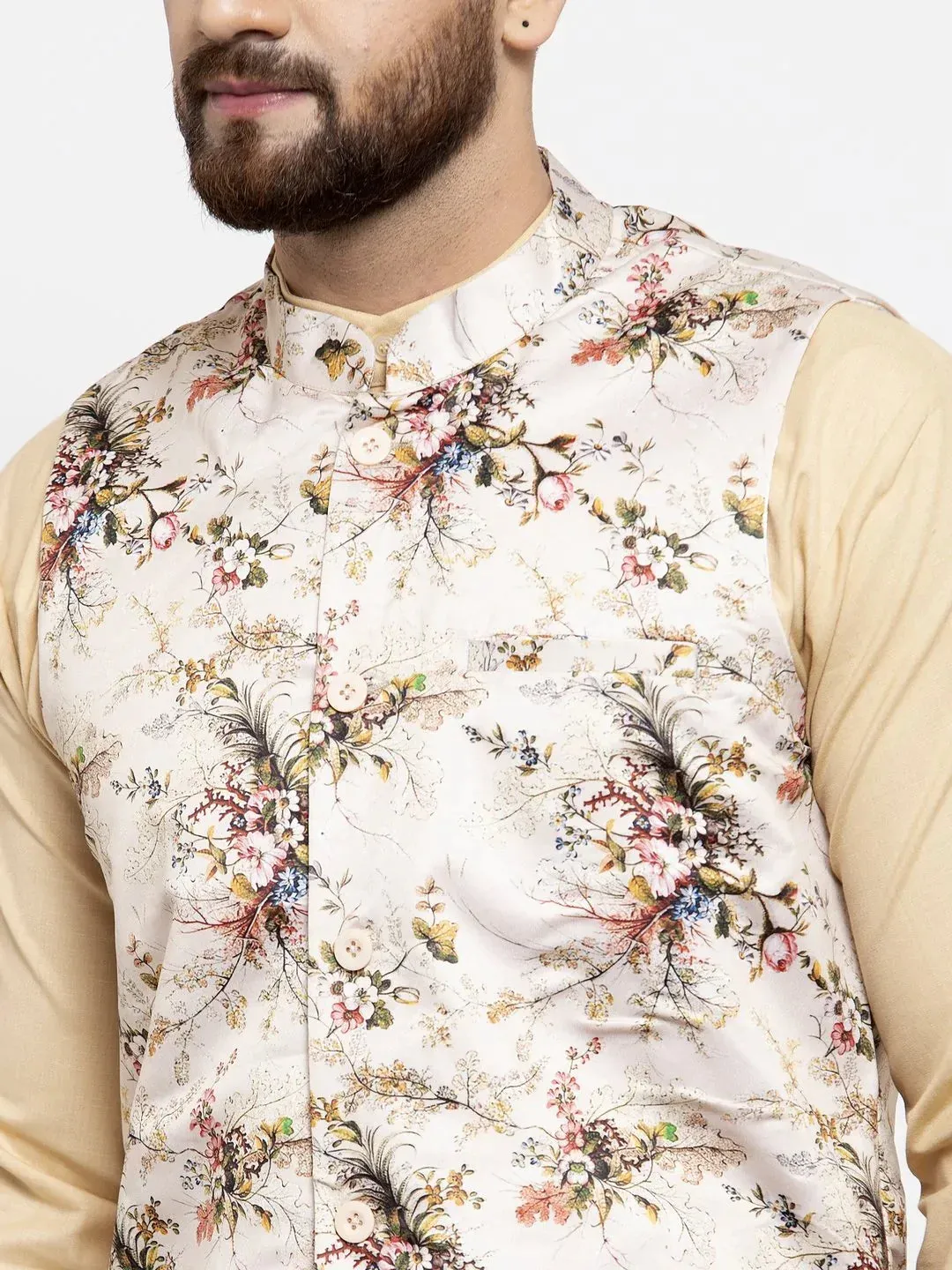 Men Cream Printed Satin Nehru Jacket