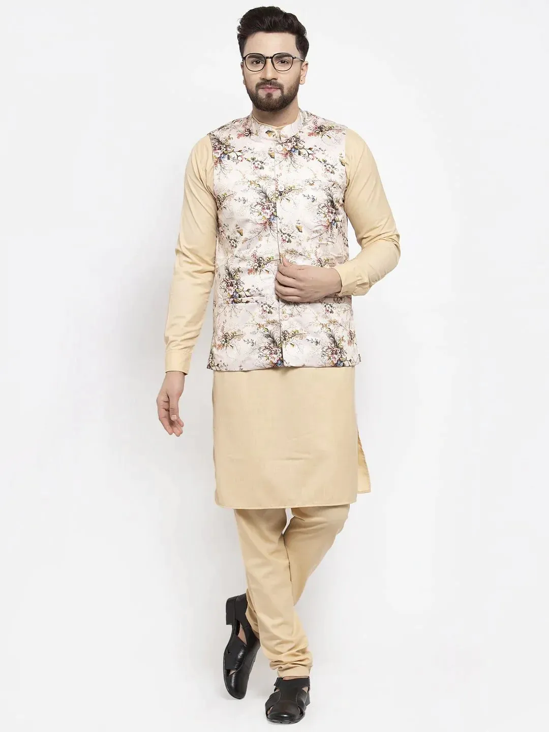 Men Cream Printed Satin Nehru Jacket