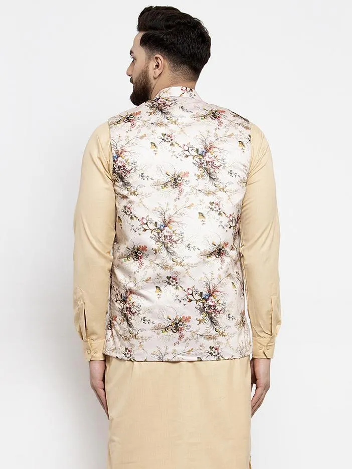 Men Cream Printed Satin Nehru Jacket