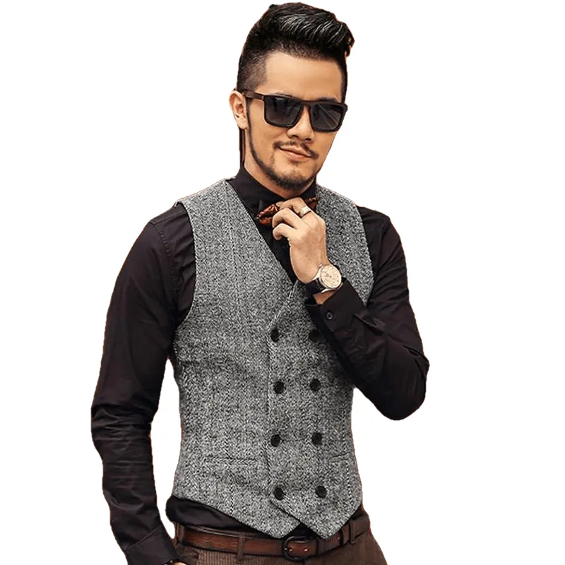 Men'S Double Breasted Vest Formal Grey Slim Business Jacket