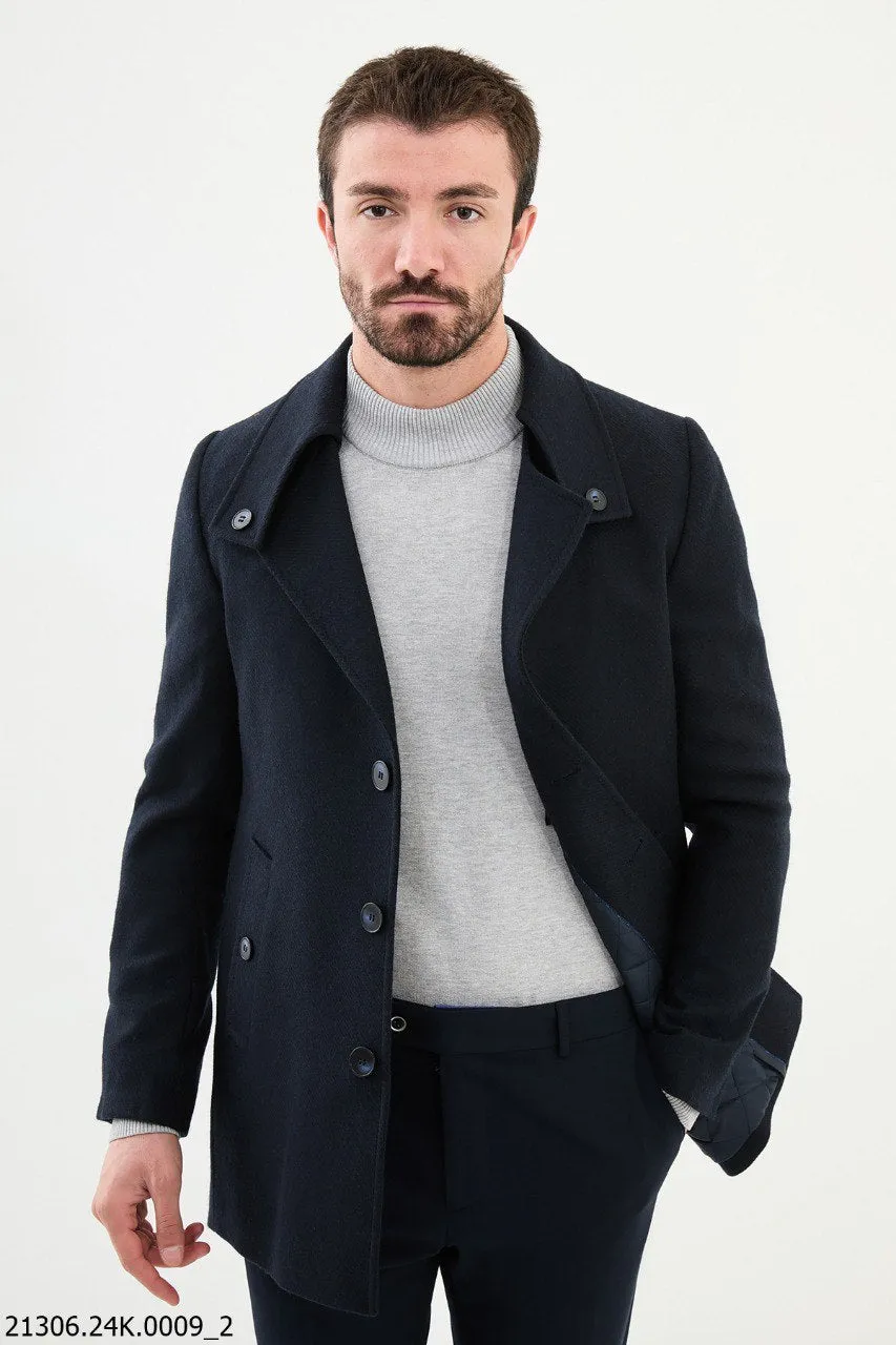 Men's Navy Asymmetrical Button Winter Coat