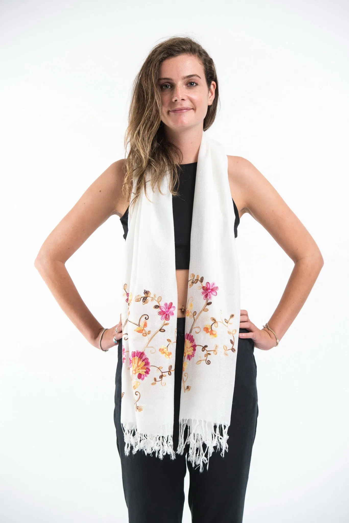 Nepal Floral Embroidered Pashmina Shawl Scarf in White