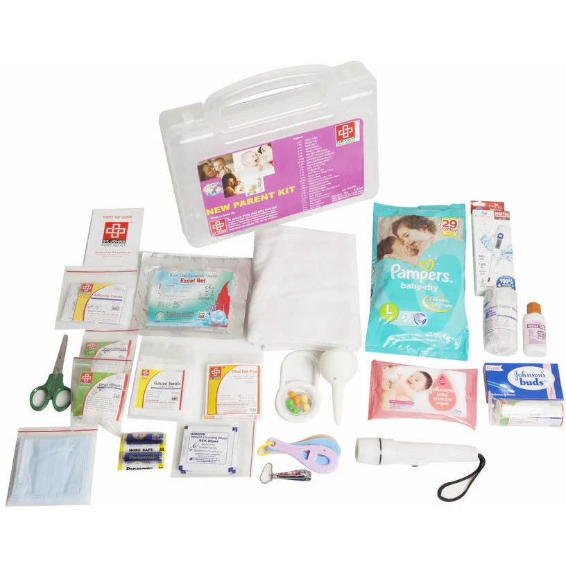 New Parent First Aid Kit - Plastic Box Medium Handy - Transporent - 62 Components - Suitable For Parent - SJF Np - St Johns First Aid Kit