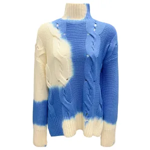 Off-White Ivory / Blue Tie-Dye Wool Knit Turtleneck Sweater