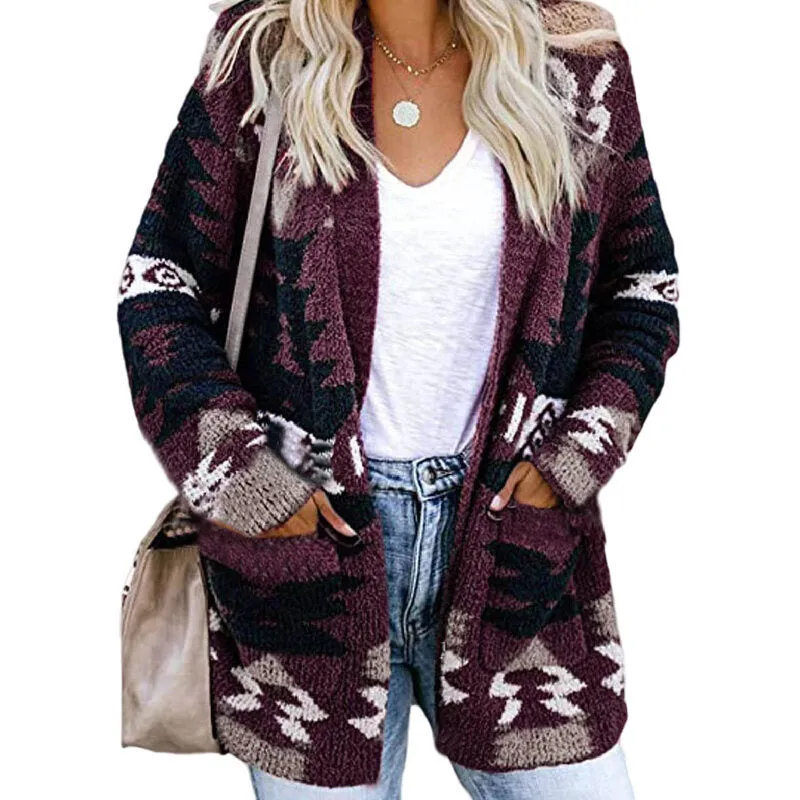 Open Front Sweater Christmas Print Knit Cardigan